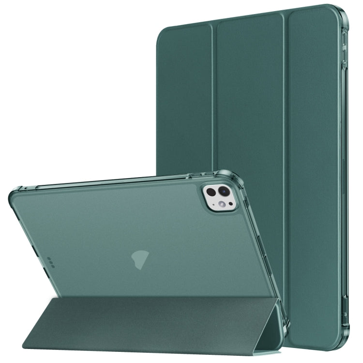 For iPad Pro 11 2024 Tri-fold Holder TPU Cover Frosted Leather Smart Tablet Case withh Pen Slot(Dark Green) - iPad Pro 11 2024 Cases by buy2fix | Online Shopping UK | buy2fix