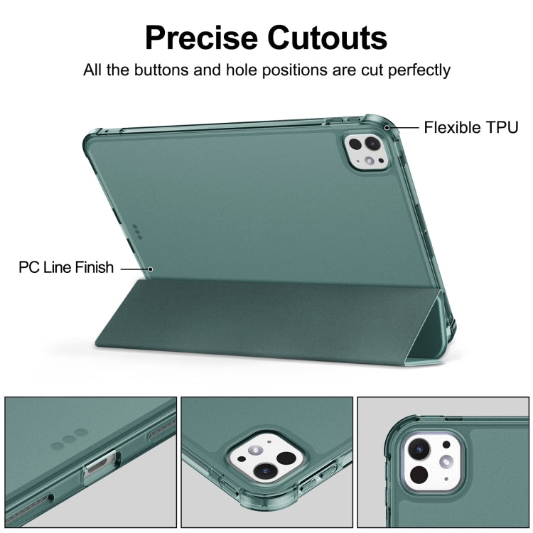 For iPad Pro 11 2024 Tri-fold Holder TPU Cover Frosted Leather Smart Tablet Case withh Pen Slot(Dark Green) - iPad Pro 11 2024 Cases by buy2fix | Online Shopping UK | buy2fix