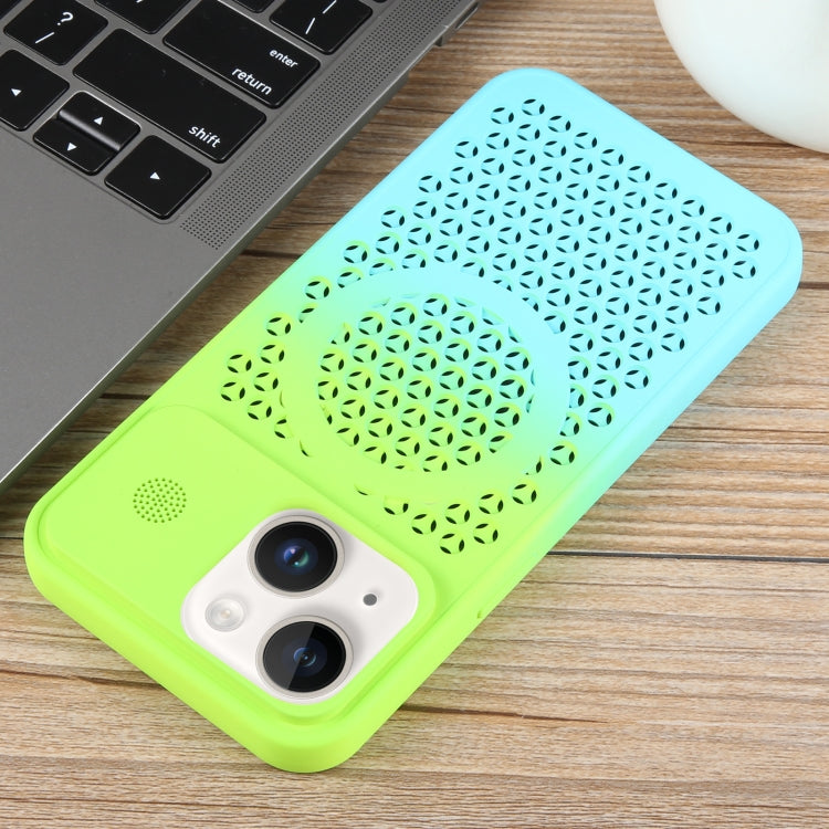 For iPhone 15 Gradient Color Honeycomb Aromatherapy MagSafe Phone Case(Green Blue) - iPhone 15 Cases by buy2fix | Online Shopping UK | buy2fix