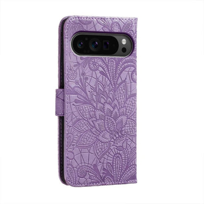 For Google Pixel 9 Pro Lace Flower Embossing Flip Leather Phone Case(Purple) - Google Cases by buy2fix | Online Shopping UK | buy2fix