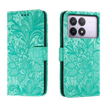 For Xiaomi Redmi K70 Lace Flower Embossing Flip Leather Phone Case(Green) - K70 Cases by buy2fix | Online Shopping UK | buy2fix