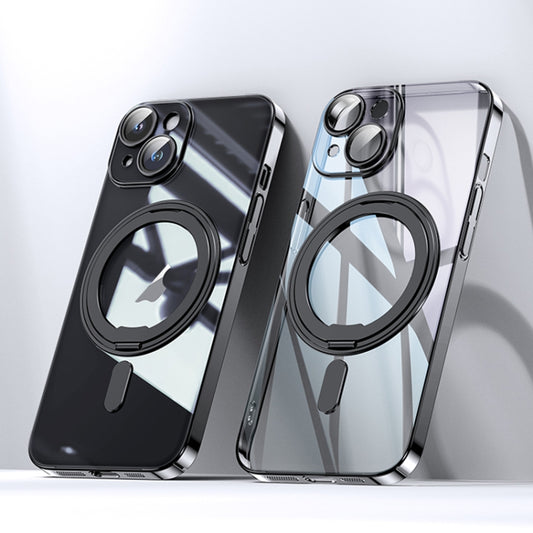 For iPhone 14 Plus Plating PC 360 Ring Holder Magsafe Phone Case(Clear Black) - iPhone 14 Plus Cases by buy2fix | Online Shopping UK | buy2fix