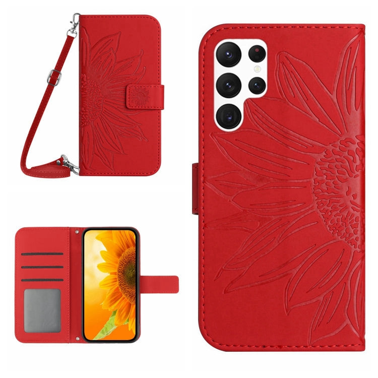 For Samsung Galaxy S25 Ultra 5G Skin Feel Sun Flower Embossed Flip Leather Phone Case with Lanyard(Red) - Galaxy S25 Ultra 5G Cases by buy2fix | Online Shopping UK | buy2fix