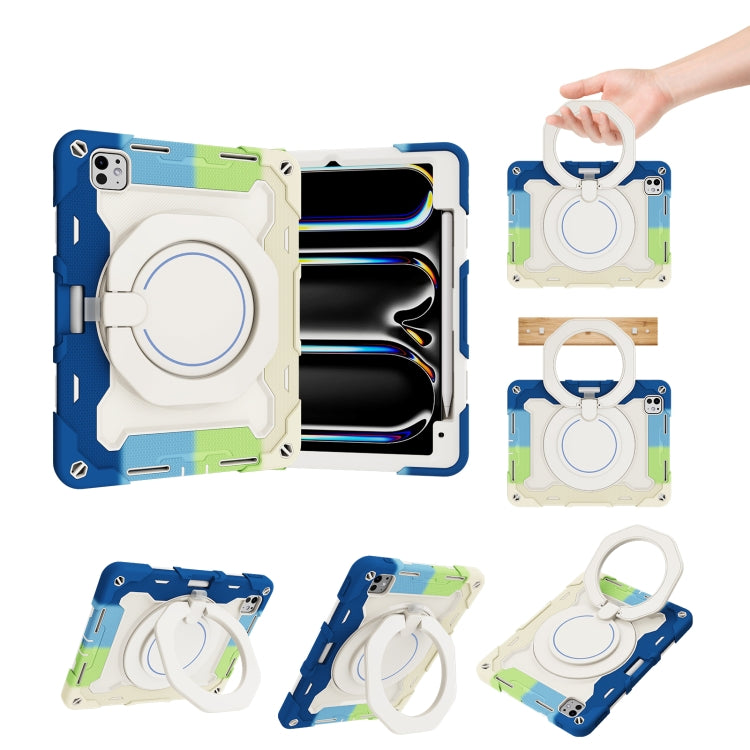 For iPad Pro 11 2024 Armor Portable Rotating Ring Holder Silicone Tablet Case with Pen Slot(Colorful Blue) - iPad Pro 11 2024 Cases by buy2fix | Online Shopping UK | buy2fix