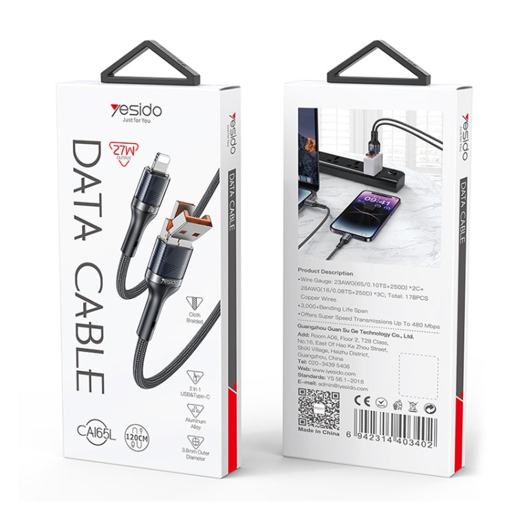 Yesido CA165L 27W USB + USB-C / Type-C to 8 Pin 2 in 1 Fast Charging Data Cable, Length:1.2m(Black) - 2 in 1 Cable by Yesido | Online Shopping UK | buy2fix