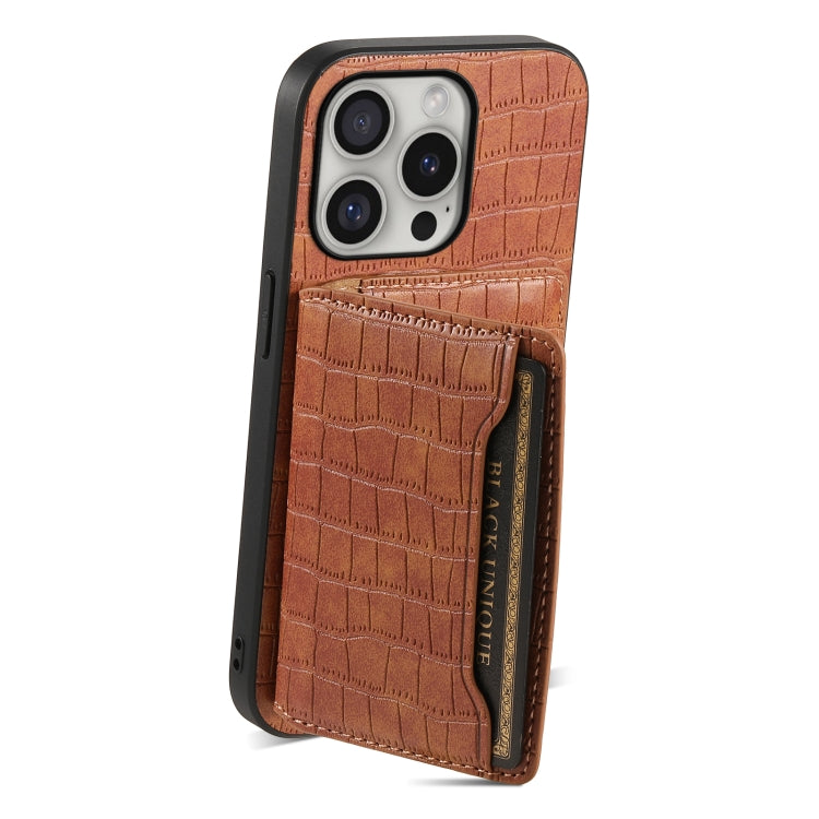 For iPhone 16 Pro Crocodile Texture Card Bag Design Full Coverage Phone Case(Brown) - iPhone 16 Pro Cases by buy2fix | Online Shopping UK | buy2fix