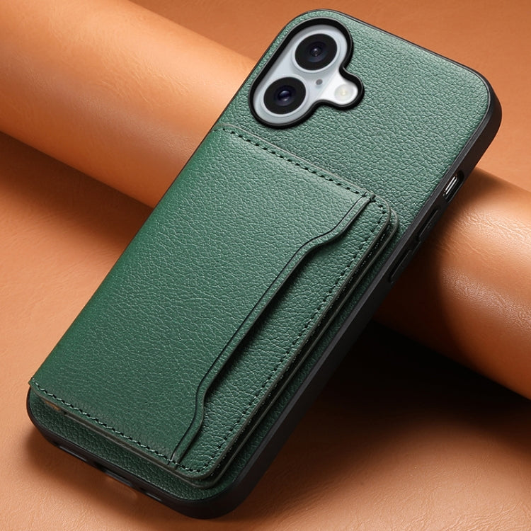 For iPhone 16 Calf Texture Card Bag Design Full Coverage Phone Case(Green) - iPhone 16 Cases by buy2fix | Online Shopping UK | buy2fix