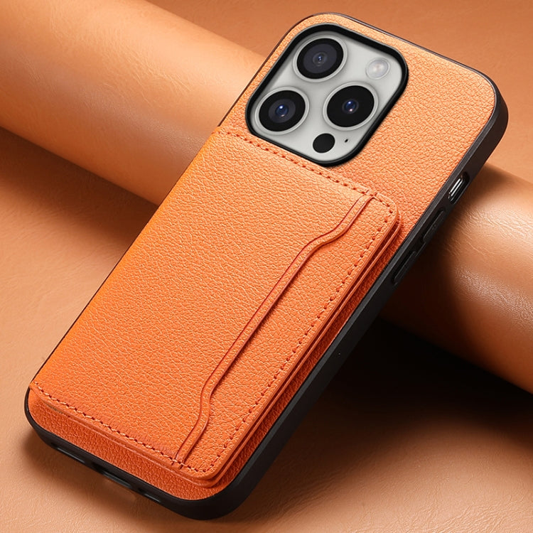 For iPhone 16 Pro Calf Texture Card Bag Design Full Coverage Phone Case(Orange) - iPhone 16 Pro Cases by buy2fix | Online Shopping UK | buy2fix