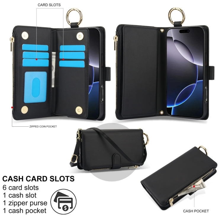 For iPhone 16 Pro Max Crossbody Ring Multifunctional Wallet Leather Phone Case(Black) - iPhone 16 Pro Max Cases by buy2fix | Online Shopping UK | buy2fix