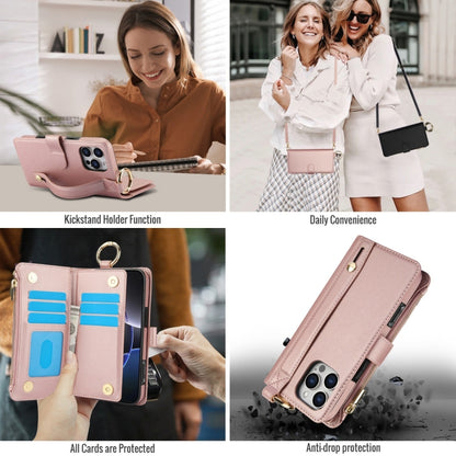 For iPhone 16 Pro Crossbody Ring Multifunctional Wallet Leather Phone Case(Rose Gold) - More iPhone Cases by buy2fix | Online Shopping UK | buy2fix