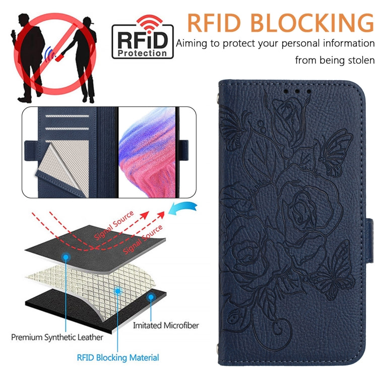 For Samsung Galaxy S25 5G Embossed Rose RFID Anti-theft Leather Phone Case(Dark Blue) - Galaxy S25 5G Cases by buy2fix | Online Shopping UK | buy2fix