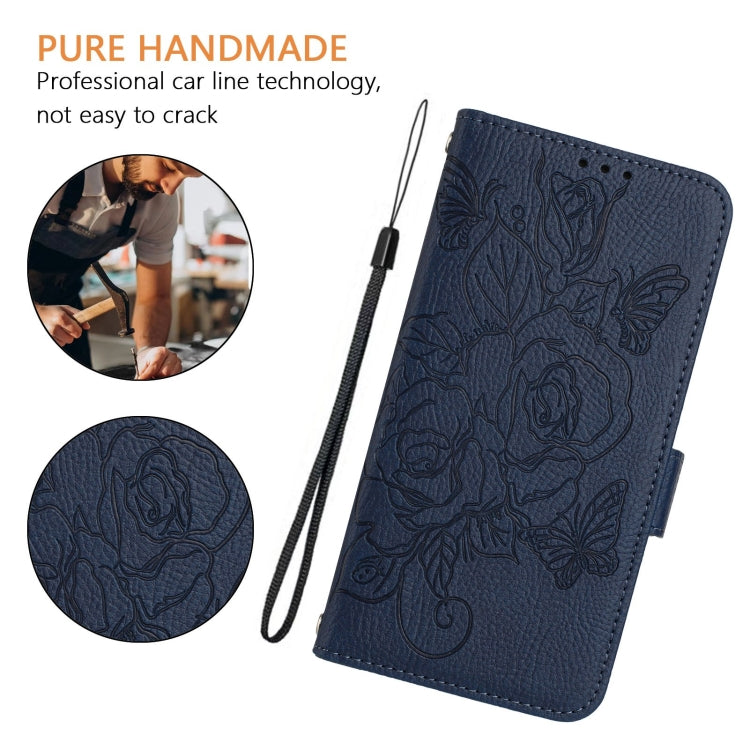 For Samsung Galaxy S25 5G Embossed Rose RFID Anti-theft Leather Phone Case(Dark Blue) - Galaxy S25 5G Cases by buy2fix | Online Shopping UK | buy2fix