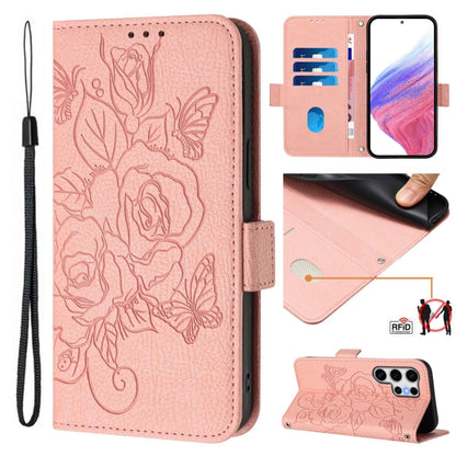 For Samsung Galaxy S25 Ultra 5G Embossed Rose RFID Anti-theft Leather Phone Case(Pink) - Galaxy S25 Ultra 5G Cases by buy2fix | Online Shopping UK | buy2fix