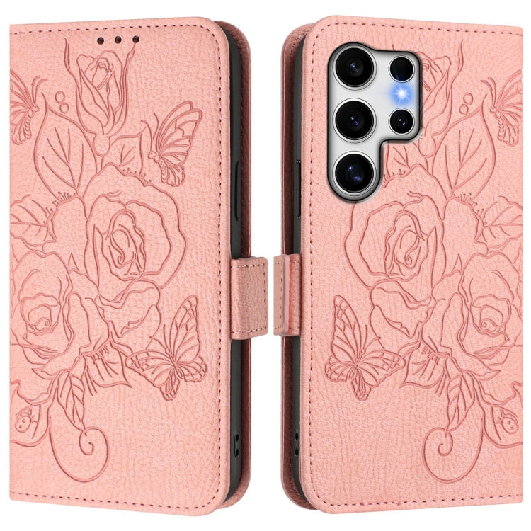 For Samsung Galaxy S25 Ultra 5G Embossed Rose RFID Anti-theft Leather Phone Case(Pink) - Galaxy S25 Ultra 5G Cases by buy2fix | Online Shopping UK | buy2fix