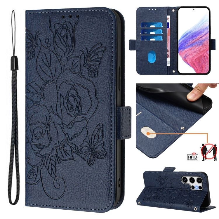 For Samsung Galaxy S25 Ultra 5G Embossed Rose RFID Anti-theft Leather Phone Case(Dark Blue) - Galaxy S25 Ultra 5G Cases by buy2fix | Online Shopping UK | buy2fix