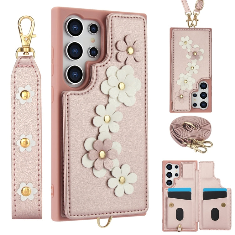 For Samsung Galaxy S25 Ultra 5G Crossbody Flower Pattern Leather Phone Case(Rose Gold) - Galaxy S25 Ultra 5G Cases by buy2fix | Online Shopping UK | buy2fix