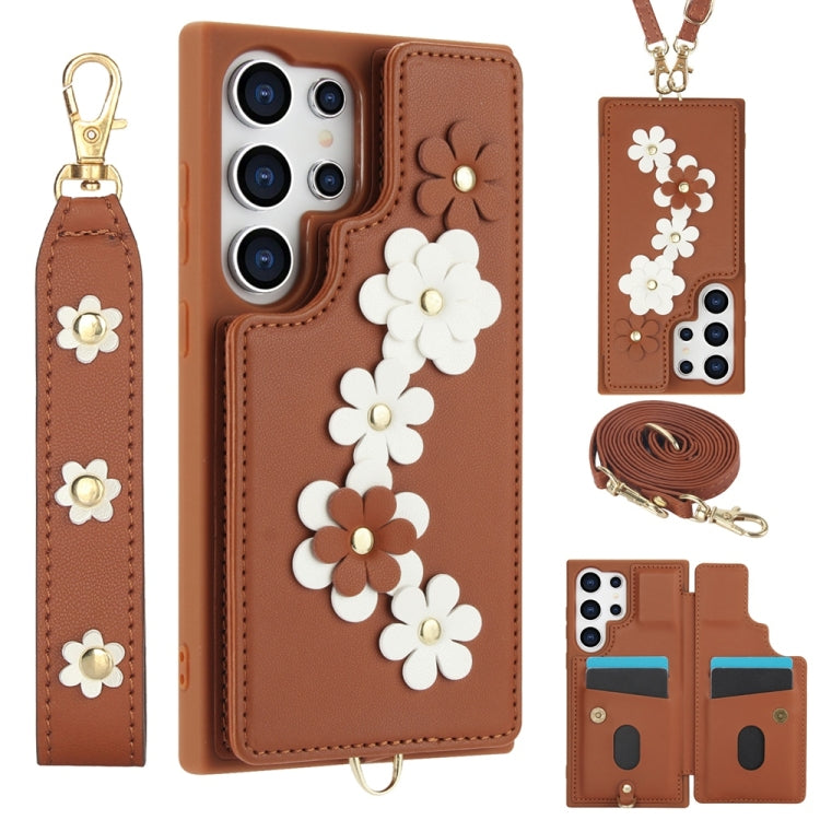 For Samsung Galaxy S25 Ultra 5G Crossbody Flower Pattern Leather Phone Case(Brown) - Galaxy S25 Ultra 5G Cases by buy2fix | Online Shopping UK | buy2fix