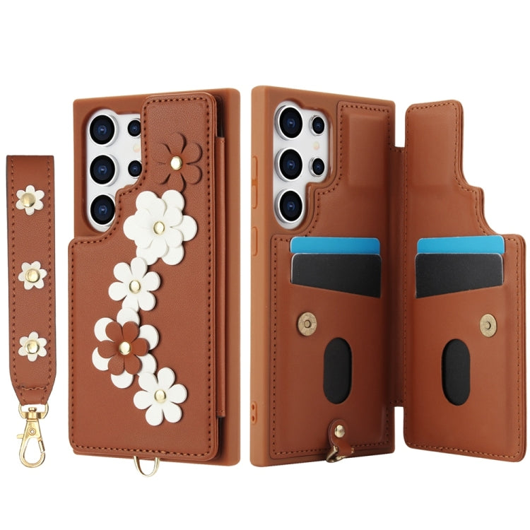 For Samsung Galaxy S25 Ultra 5G Crossbody Flower Pattern Leather Phone Case(Brown) - Galaxy S25 Ultra 5G Cases by buy2fix | Online Shopping UK | buy2fix