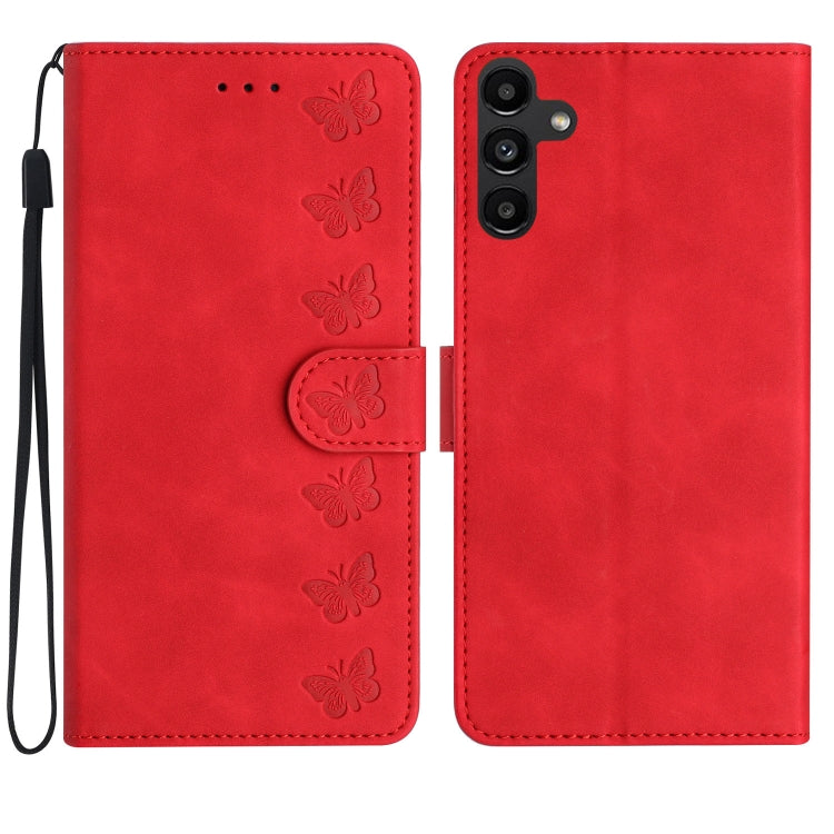 For Samsung Galaxy S25 5G Seven Butterflies Embossed Leather Phone Case(Red) - Galaxy S25 5G Cases by buy2fix | Online Shopping UK | buy2fix