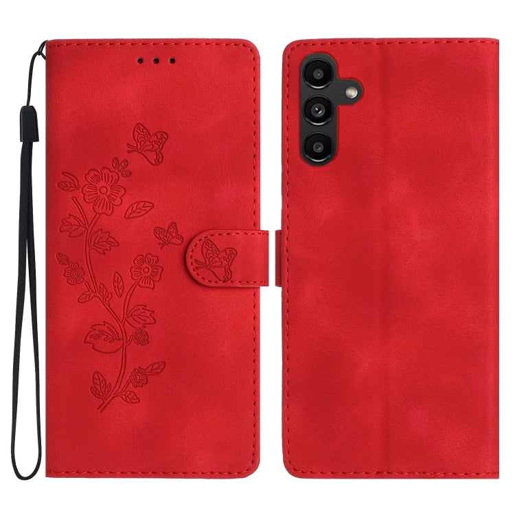 For Samsung Galaxy S25 5G Flower Butterfly Embossing Pattern Leather Phone Case(Red) - Galaxy S25 5G Cases by buy2fix | Online Shopping UK | buy2fix