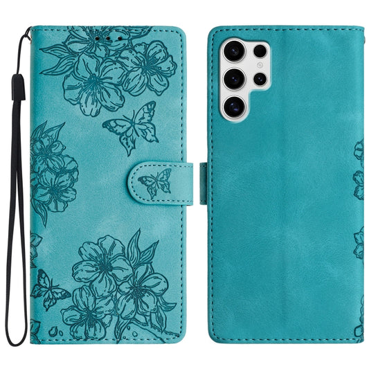 For Samsung Galaxy S25 Ultra 5G Cherry Blossom Butterfly Skin Feel Embossed PU Phone Case(Green) - Galaxy S25 Ultra 5G Cases by buy2fix | Online Shopping UK | buy2fix