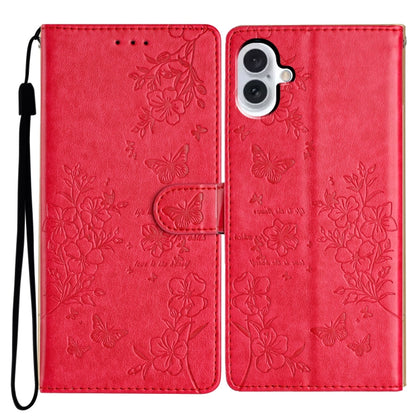 For iPhone 16 Plus Butterflies and Flowers Leather Phone Case(Red) - iPhone 16 Plus Cases by buy2fix | Online Shopping UK | buy2fix