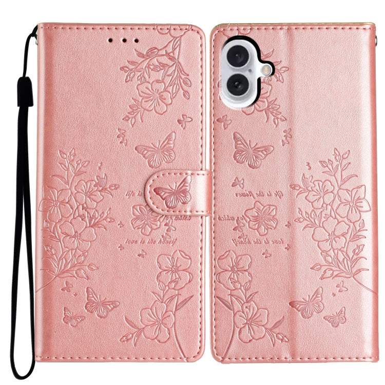 For iPhone 16 Plus Butterflies and Flowers Leather Phone Case(Rose Gold) - iPhone 16 Plus Cases by buy2fix | Online Shopping UK | buy2fix