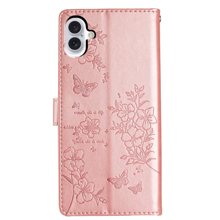 For iPhone 16 Plus Butterflies and Flowers Leather Phone Case(Rose Gold) - iPhone 16 Plus Cases by buy2fix | Online Shopping UK | buy2fix