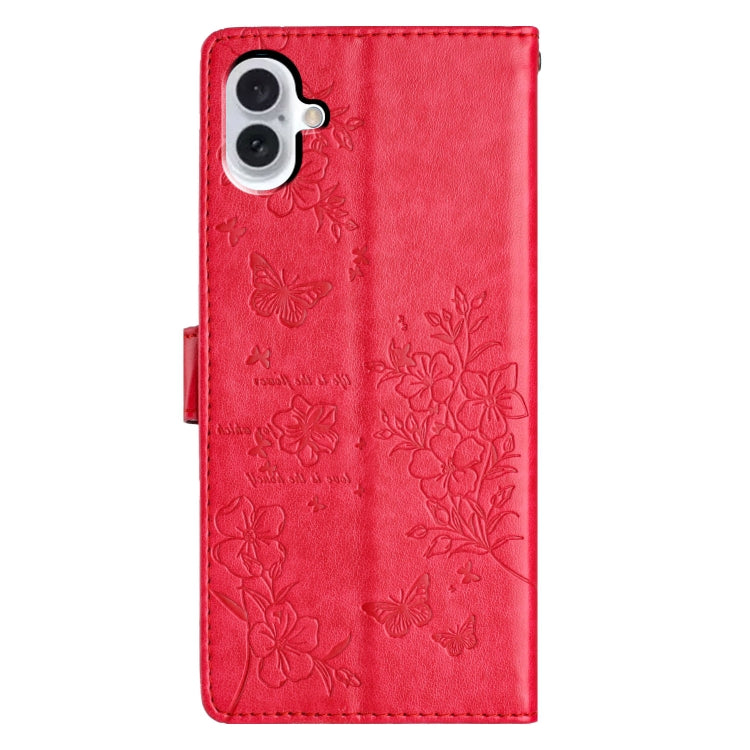 For iPhone 16 Butterflies and Flowers Leather Phone Case(Red) - iPhone 16 Cases by buy2fix | Online Shopping UK | buy2fix