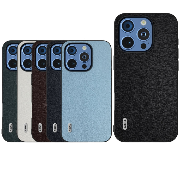 For iPhone 16 Pro Max ABEEL Black Frame Genuine Leather Elegant Phone Case(Blue) - iPhone 16 Pro Max Cases by buy2fix | Online Shopping UK | buy2fix