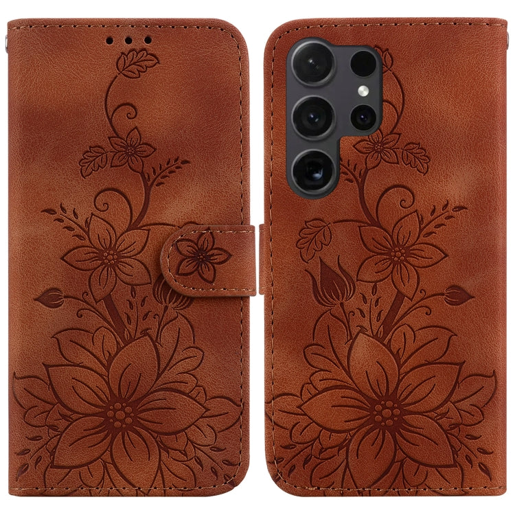 For Samsung Galaxy S25 Ultra 5G Lily Embossed Leather Phone Case(Brown) - Galaxy S25 Ultra 5G Cases by buy2fix | Online Shopping UK | buy2fix