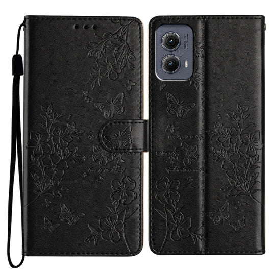 For Motorola Edge 2024 Butterflies and Flowers Leather Phone Case(Black) - Motorola Cases by buy2fix | Online Shopping UK | buy2fix