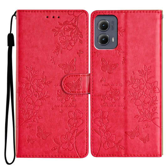 For Motorola Edge 2024 Butterflies and Flowers Leather Phone Case(Red) - Motorola Cases by buy2fix | Online Shopping UK | buy2fix