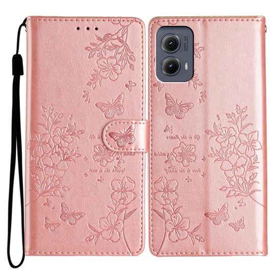 For Motorola Edge 2024 Butterflies and Flowers Leather Phone Case(Rose Gold) - Motorola Cases by buy2fix | Online Shopping UK | buy2fix