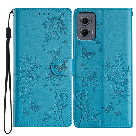 For Motorola Edge 2024 Butterflies and Flowers Leather Phone Case(Blue) - Motorola Cases by buy2fix | Online Shopping UK | buy2fix