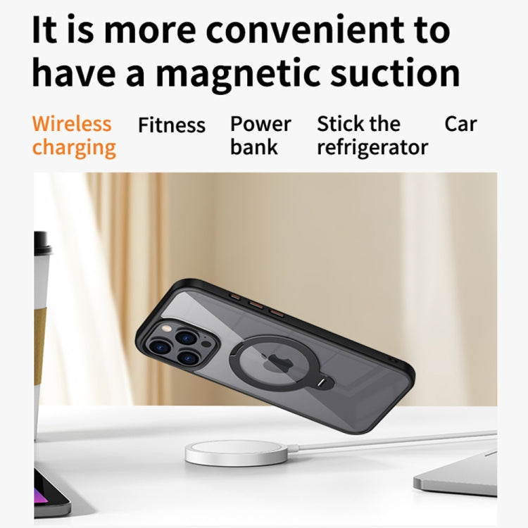 For iPhone 14 Transparent MagSafe Magnetic Rotating Ring Holder Phone Case(Black) - iPhone 14 Cases by buy2fix | Online Shopping UK | buy2fix