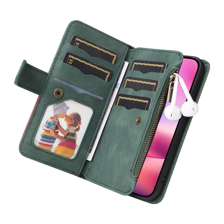 For iPhone 16 Dual-color 9 Card Slots Zipper Wallet Leather Phone Case(Green) - iPhone 16 Cases by buy2fix | Online Shopping UK | buy2fix