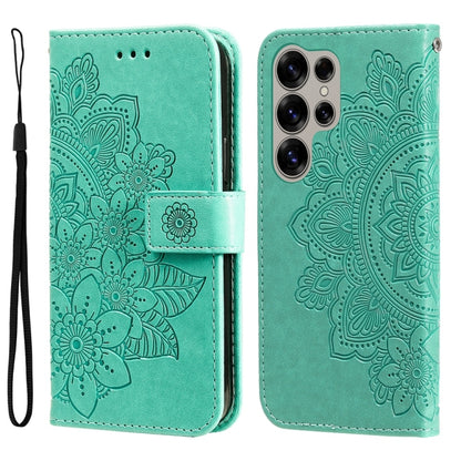 For Samsung Galaxy S25 Ultra 5G Seven-petal Flowers Embossing Leather Phone Case(Green) - Galaxy S25 Ultra 5G Cases by buy2fix | Online Shopping UK | buy2fix