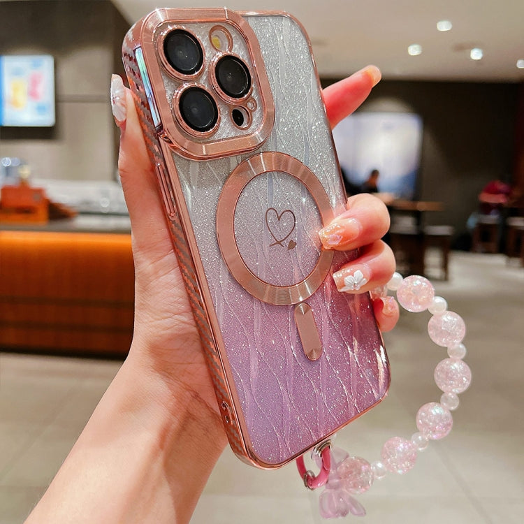 For iPhone 16 Pro Loves Leaves Gradient Glitter Bracelets Carbon Fiber Magsafe TPU Phone Case(Pink) - iPhone 16 Pro Cases by buy2fix | Online Shopping UK | buy2fix