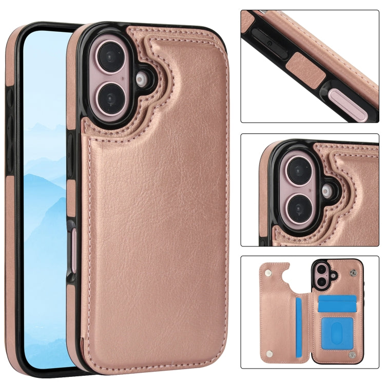 For iPhone 16 Double Buckle Crazy Horse Texture PU Phone Case(Rose Gold) - iPhone 16 Cases by buy2fix | Online Shopping UK | buy2fix