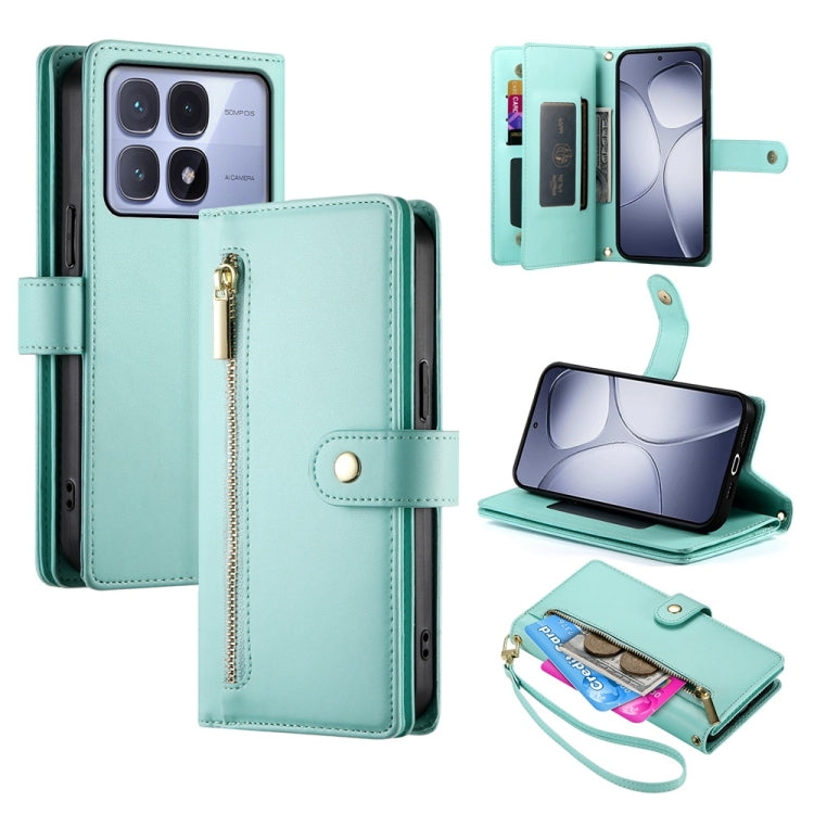 For Redmi K70 Ultra Nine Card-slot Zipper Wallet Bag Leather Phone Case(Mint Green) - Xiaomi Cases by buy2fix | Online Shopping UK | buy2fix