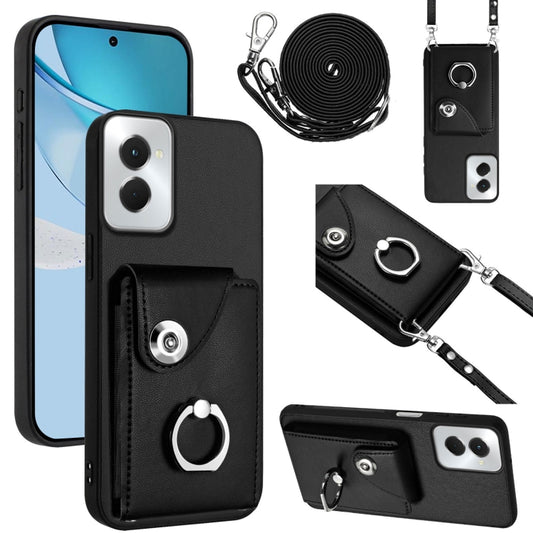 For Motorola Moto G Power 2024 5G Organ Card Bag Ring Holder Phone Case with Long Lanyard(Black) - Motorola Cases by buy2fix | Online Shopping UK | buy2fix