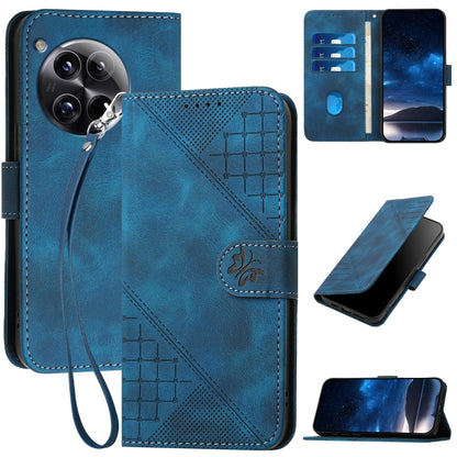 For OnePlus 12 YX0080 Grid Butterfly Embossed Pattern Flip Leather Phone Case with Lanyard(Dark Blue) - OnePlus Cases by buy2fix | Online Shopping UK | buy2fix