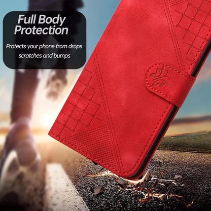 For iPhone 16 Plus YX0080 Grid Butterfly Embossed Pattern Flip Leather Phone Case with Lanyard(Red) - iPhone 16 Plus Cases by buy2fix | Online Shopping UK | buy2fix