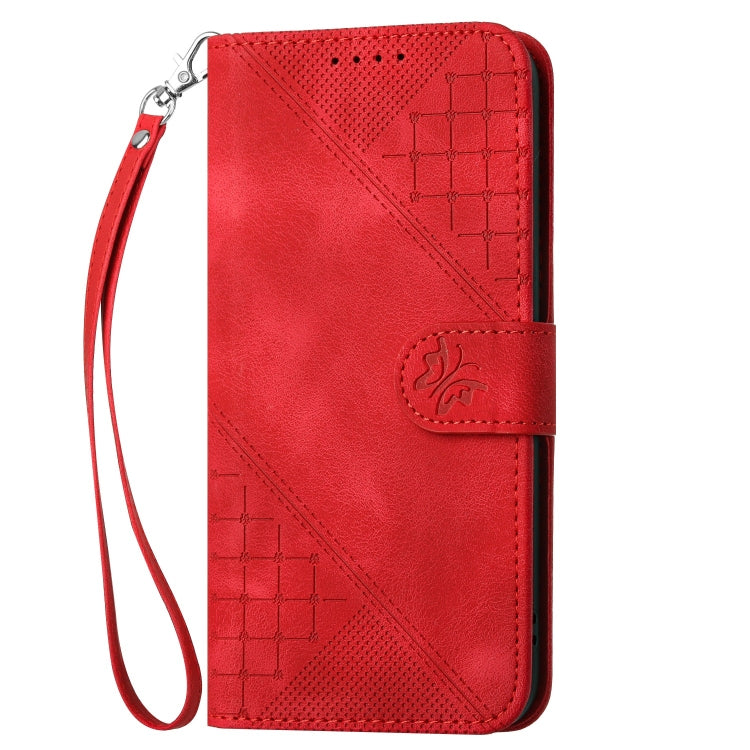 For iPhone SE 2024 YX0080 Grid Butterfly Embossed Pattern Flip Leather Phone Case with Lanyard(Red) - More iPhone Cases by buy2fix | Online Shopping UK | buy2fix