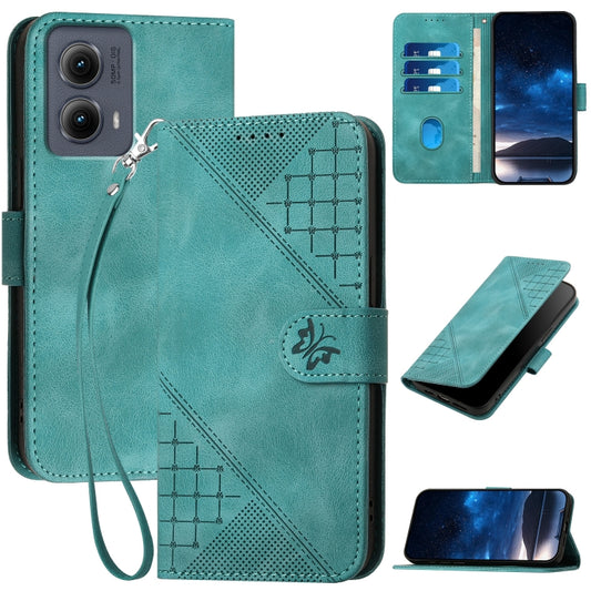 For Motorola Edge 2024 5G Global YX0080 Grid Butterfly Embossed Pattern Flip Leather Phone Case with Lanyard(Light Blue) - Motorola Cases by buy2fix | Online Shopping UK | buy2fix