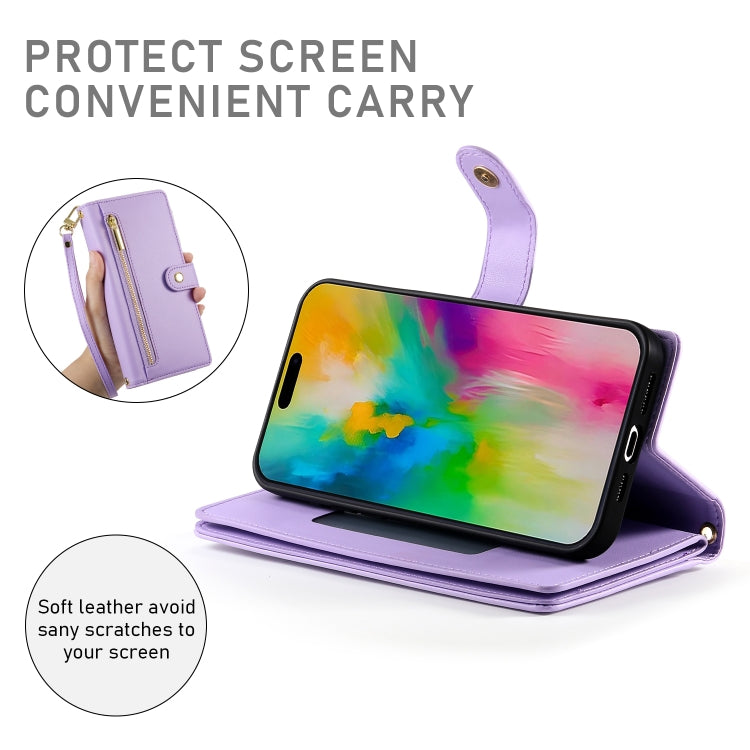 For iPhone 16 Pro Nine Card-slot Zipper Wallet Bag Leather Phone Case(Purple) - iPhone 16 Pro Cases by buy2fix | Online Shopping UK | buy2fix