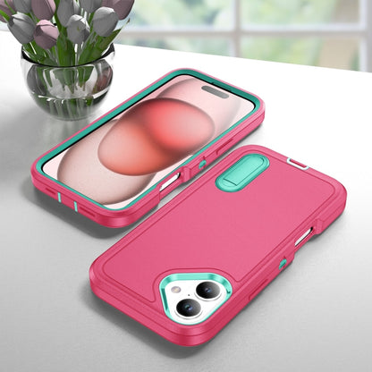 For iPhone 16 Rugged PC + Silicone Phone Case with Holder(Rose Red+Light Green) - iPhone 16 Cases by buy2fix | Online Shopping UK | buy2fix