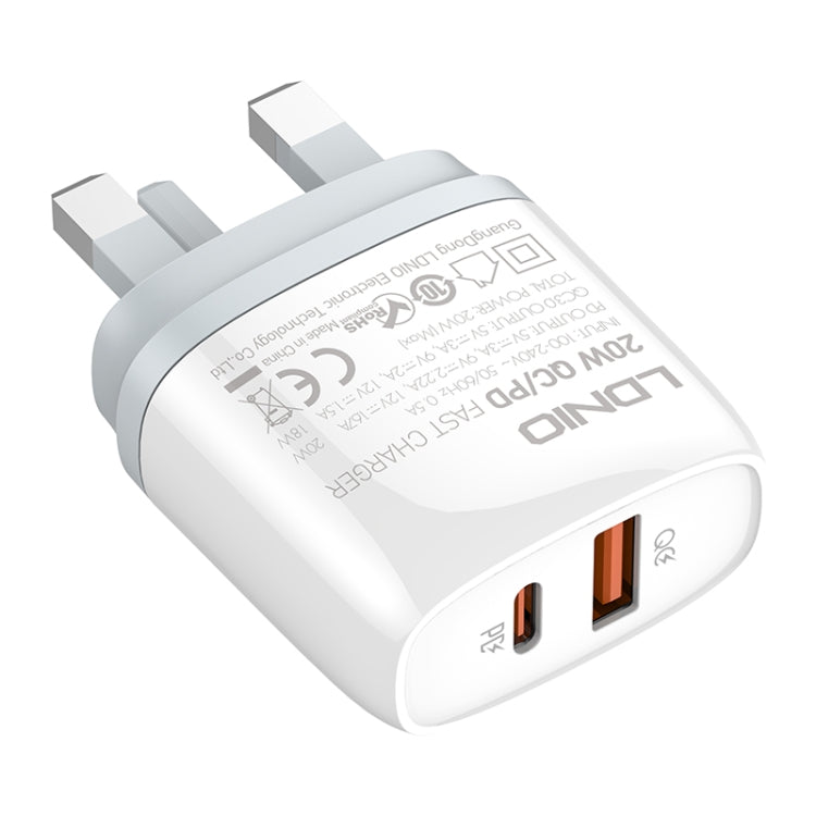 LDNIO Q229 QC3.0 / PD20W USB + Type-C Fast Charger with 1m USB to 8 Pin Cable, Plug Type:UK Plug(White) - USB Charger by LDNIO | Online Shopping UK | buy2fix