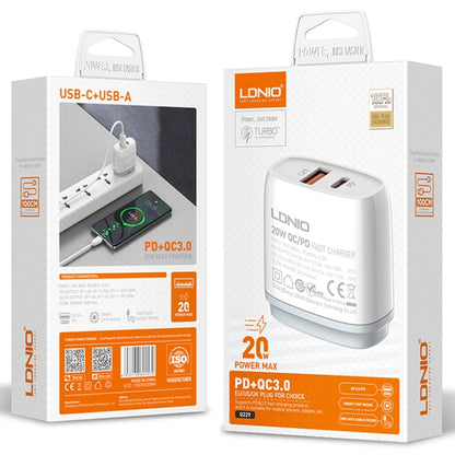 LDNIO Q229 QC3.0 / PD20W USB + Type-C Fast Charger with 1m USB to 8 Pin Cable, Plug Type:EU Plug(White) - USB Charger by LDNIO | Online Shopping UK | buy2fix